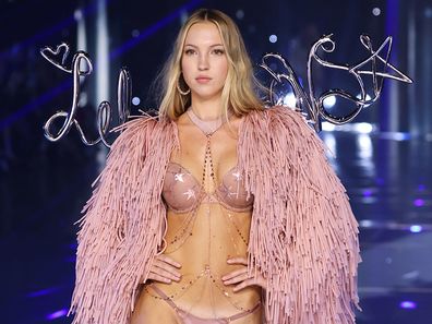 Lila Moss on the runway at the Victoria's Secret Fashion Show held at the Brooklyn Navy Yard on October 15, 2024 in New York, New York.