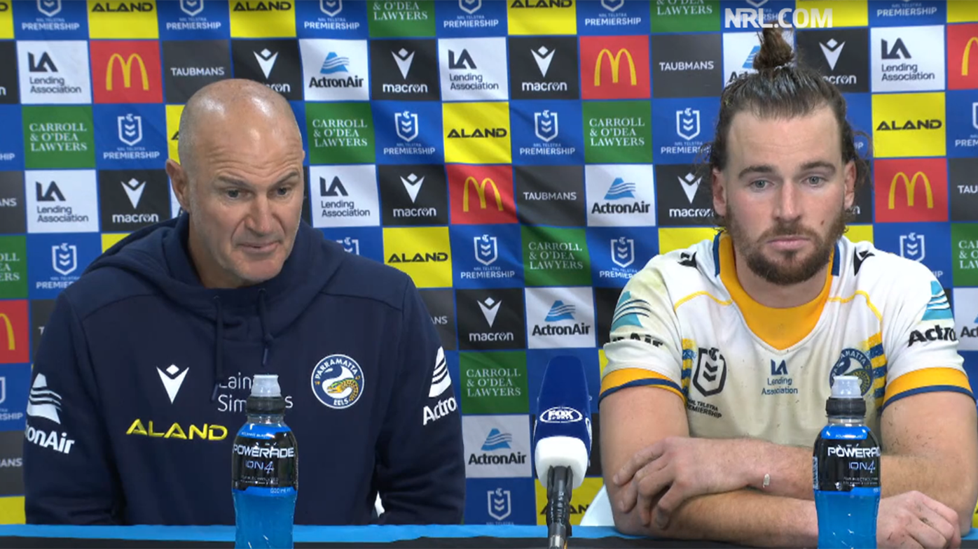 Brad Arthur and Cam Gutherson front the media after the Parramatta Eels&#x27; round 11 loss to the Canberra Raiders.