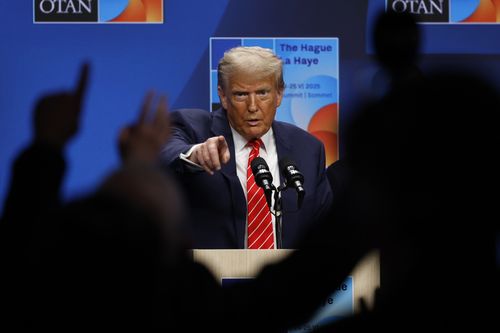 THE HAGUE, NETHERLANDS - JUNE 25: US President Donald Trump takes questions during a news conference following the 2025 NATO Summit on June 25, 2025 in The Hague, Netherlands. Among other matters, members are to approve a new defense investment plan that raises the target for defense spending to 5% of GDP. (Photo by Omar Havana/Getty Images) *** BESTPIX ***