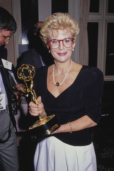 American talk show host Sally Jessy Raphael holding her award at the 16th Annual Daytime Emmy Awards at the Waldorf-Astoria Hotel in New York City, USA, 29th June 1989. She has been awarded the Daytime Emmy Award for Outstanding Talk Show Host. 