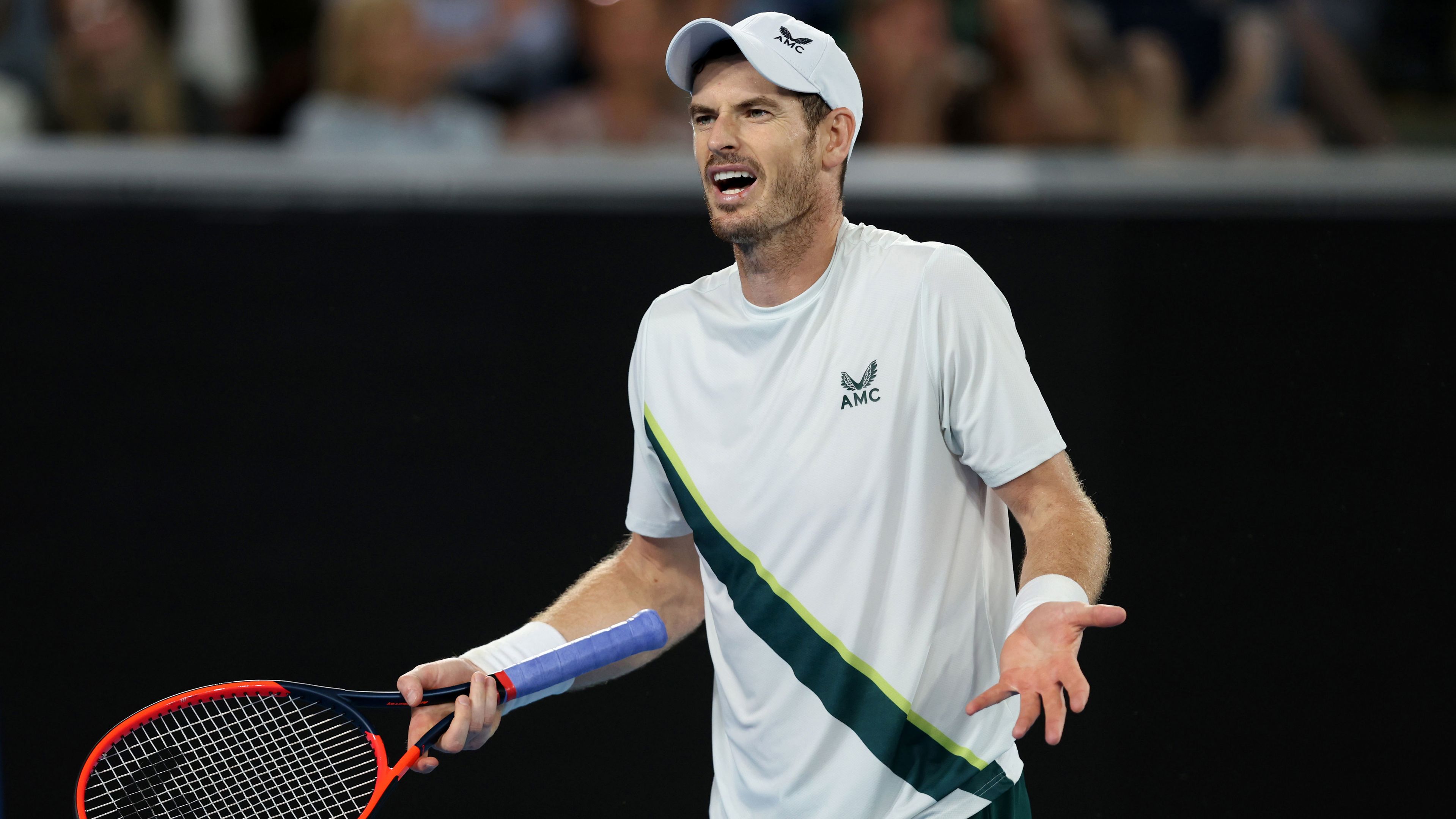 Andy Murray reacts during his four set defeat against Roberto Bautista Agut in the 2023 Australian Open. 