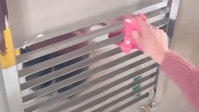 Cleaning expert Lynsey Crombie cleans a towel rack with shaving foam