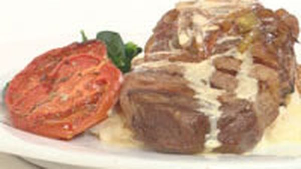 Rib eye steak with mustard cr&egrave;me fraiche and celeriac mash