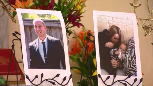 Rozelle fire victims Chris Noble, 27, Bianka O'Brien, 31, and Jude O'Brien, 11 months old, were remembered at an anniversary service. (9NEWS)