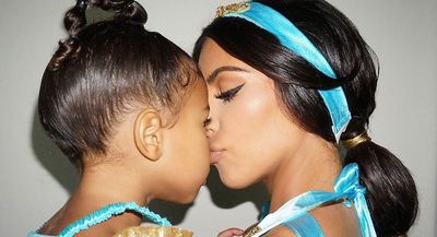 <p>Kim Kardashian and mini-me daughter, North West, love playing twins too. On Halloween in 2016, the famous mum and bub played dress-ups, transforming into matching Jasmine princesses from  Aladdin.&nbsp;</p>
<p>Uncle Rob Kardashian uploaded this snap to Kim&rsquo;s website, showing the mother-daughter duo sporting
sleek updos, shimmering skin plus adult-only winged eyeliner for mum.</p>