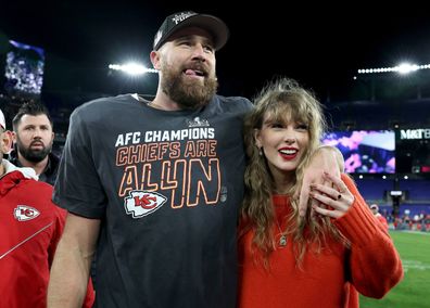 Travis Kelce thanks Taylor Swift 'for joining the team,' and the two are seen here on Jan. 28.