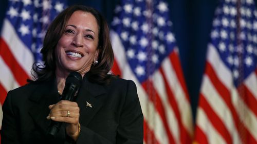 KALAMAZOO, MICHIGAN - JULY 17: US Vice President Kamala Harris attends a moderated conversation with former Trump administration national security official Olivia Troye and former Republican voter Amanda Stratton on July 17, 2024 in Kalamazoo, Michigan. Harris' visit, following the attempted assassination of former President Trump, makes this her fourth trip to Michigan this year and seventh visit since taking office. (Photo by Chris duMond/Getty Images)