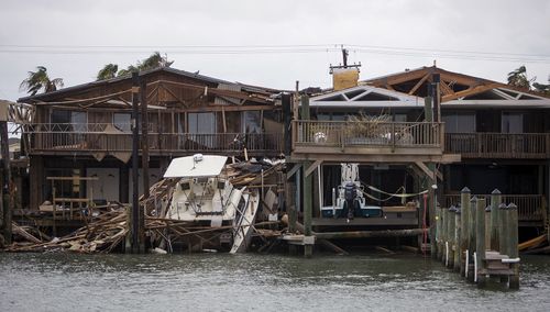 A boat sits on a dock after Hurricane Harvey passed through Port Aransas. (AP)