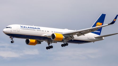 IcelandAir Boeing 767-300 aircraft in landing configuration on approach to land at Frankfurt airport in Germany