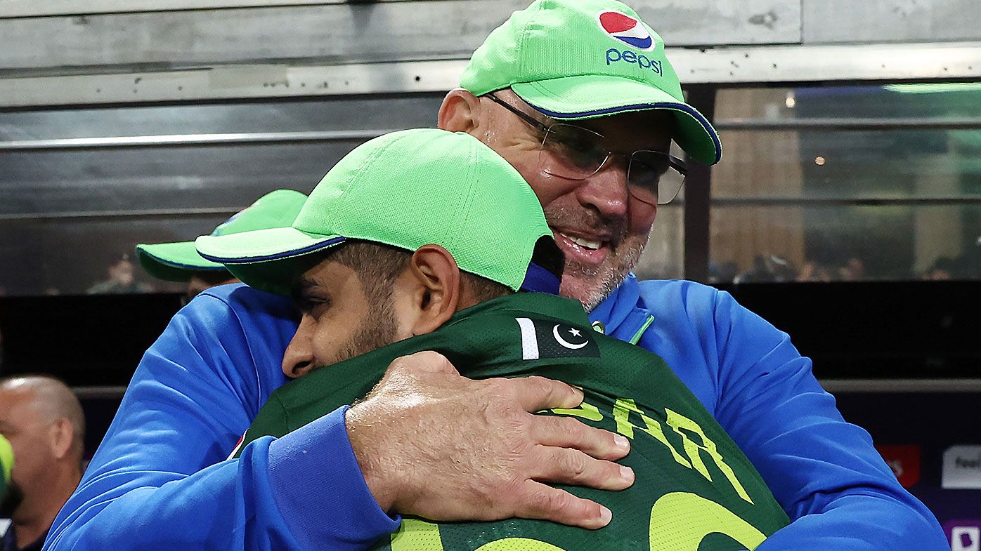 Matthew Hayden shares a warm embrace with Pakistan captain Babar Azam after the T20 World Cup semi-final win