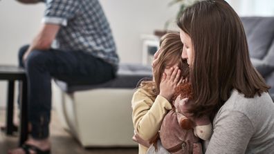 Unhappy woman father angry dad woman in relationship husband and wife alcoholic man crying child mother