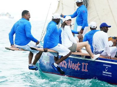 Catherine, Duchess of Cambridge onboard a boat from the Bahamas Platinum Jubilee Sailing Regatta