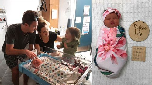 Maisie was born to Mason and Makaela. The couple already have daughter Aubree. (9NEWS)