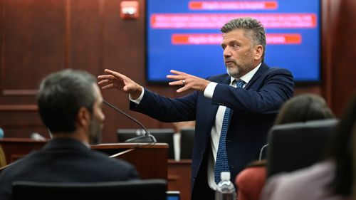 Ryan Brackley, a lawyer for the prosecution, delivers his opening arguments during the murder trial for James Craig, accused of killing his wife, at the Arapahoe District Court, Tuesday, July 15, 2025, in Centennial, Colo. (Stephen Swofford via Denver Gazette, Pool)