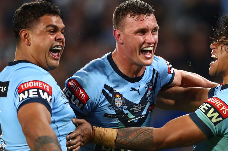 Jack Wighton of the Blues celebrates a try during game three of the 2021 State of Origin Series.
