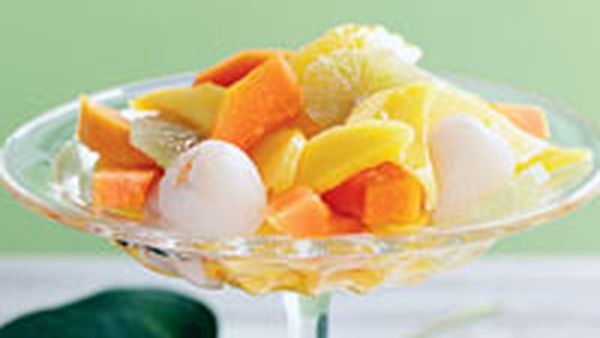Tropical fruit salad with lime syrup