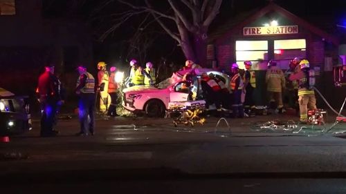 The 20-year-old driver of a Mitsubishi Lancer was killed in Rhodes, in Sydney's inner west, after his car struck a tree. Picture: 9NEWS.