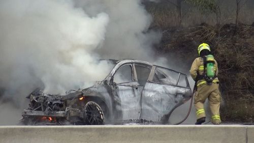 A white Mercedes was seen driving at speeds of up to 200km/h along the M5 at Moorebank before it crashed and burst into flames earlier this month.