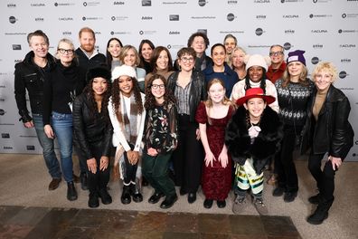 PARK CITY, UTAH - JANUARY 25: Andrea van Buren, Prince Harry, Duke of Sussex, Nala, Chanel Pysnik, Nyah, Sheri Sobrato, Jennfier Pelling, Ana Lewnes, Alysa Nahmias, Michael Dweck, Olive, Meghan, Duchess of Sussex, Gregory Kershaw, Nikki, James Costa and Nathalie Seaver attend the "Cookie Queens" Premiere during the 2026 Sundance Film Festival at Eccles Center Theater on January 25, 2026 in Park City, Utah. (Photo by Cindy Ord/Getty Images)