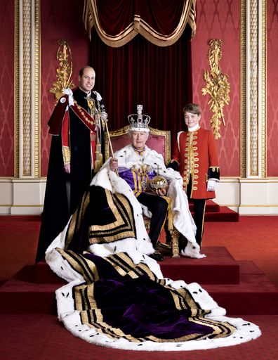 In this photo released by Buckingham Palace on Friday, May 12, 2023,  Britain's King Charles III, the Prince of Wales and Prince George pose for a photo,  on the day of the coronation, Saturday, May 6, 2023, in the Throne Room at Buckingham Palace, London. (Hugo Burnand/Royal Household 2023 via AP)