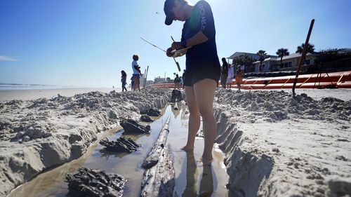 Arielle Cathers jots down information in a notebook at the site of an exposed ship in the sand on Daytona Beach Shores. (AP Photo/John Raoux)