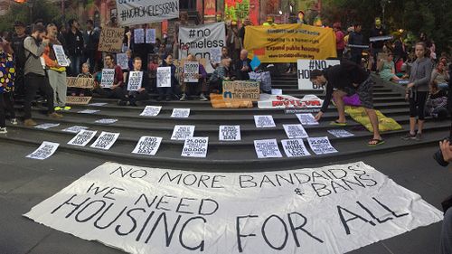 Homelessness protesters on the steps of the State Library in Melbourne in February. (AAP)