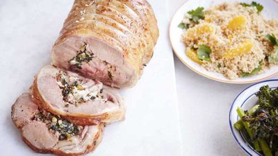 <strong>Recipe: <a href="https://kitchen.nine.com.au/2017/12/15/15/57/spinach-feta-and-pine-nut-stuffed-lamb" target="_top">Lamb loin stuffed roast</a></strong>