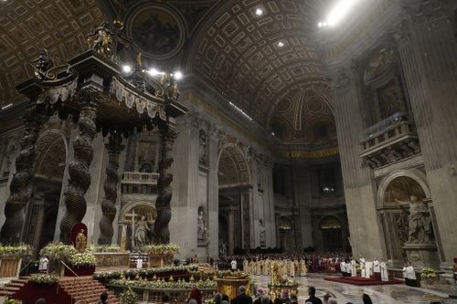Pope Francis presides over Christmas eve Mass, at St. Peter's Basilica at the Vatican, Sunday Dec. 24, 2023. 