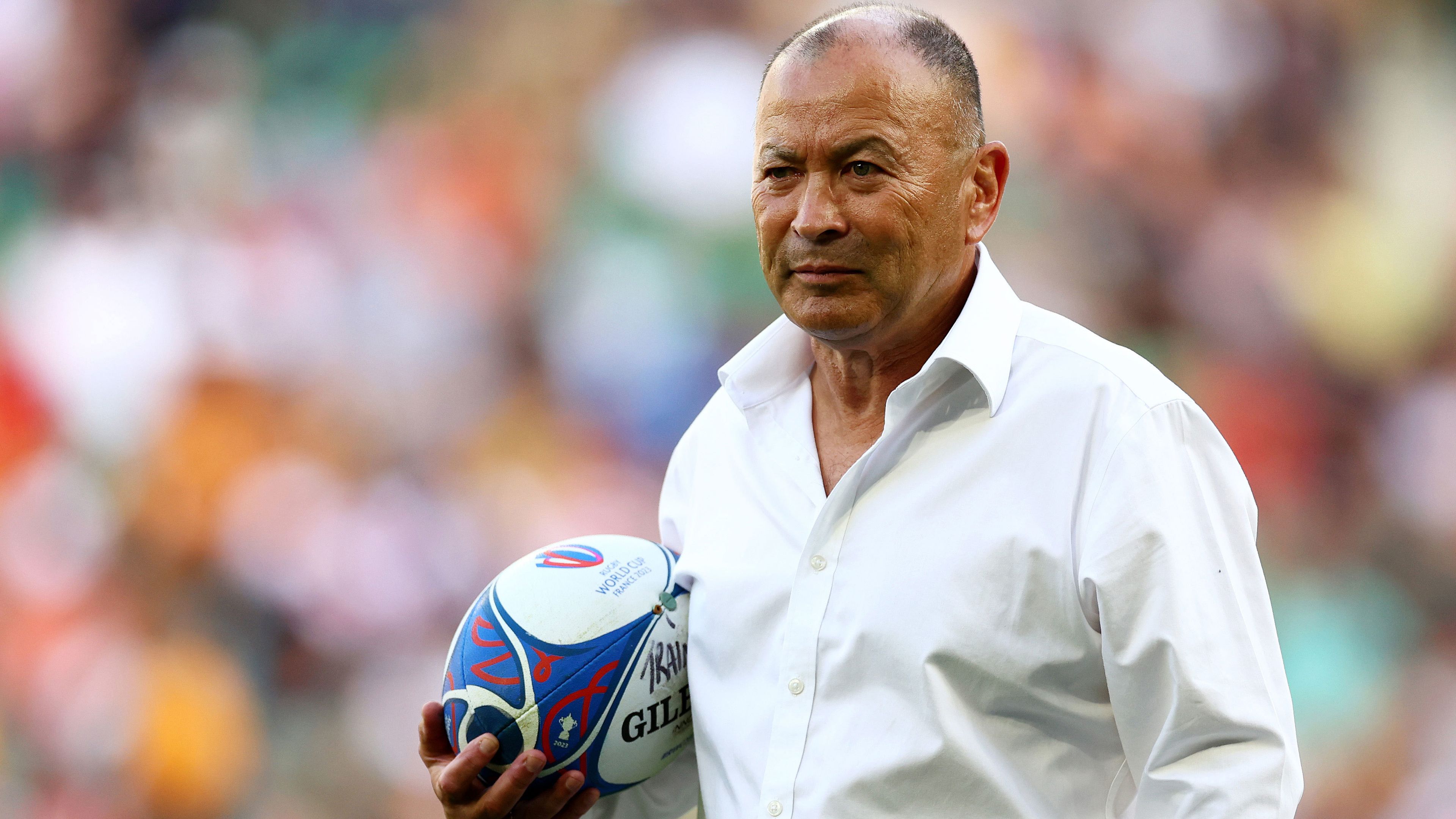 Eddie Jones looks on as the Wallabies warm up prior to their Rugby World Cup 2023 match against Portugal. 