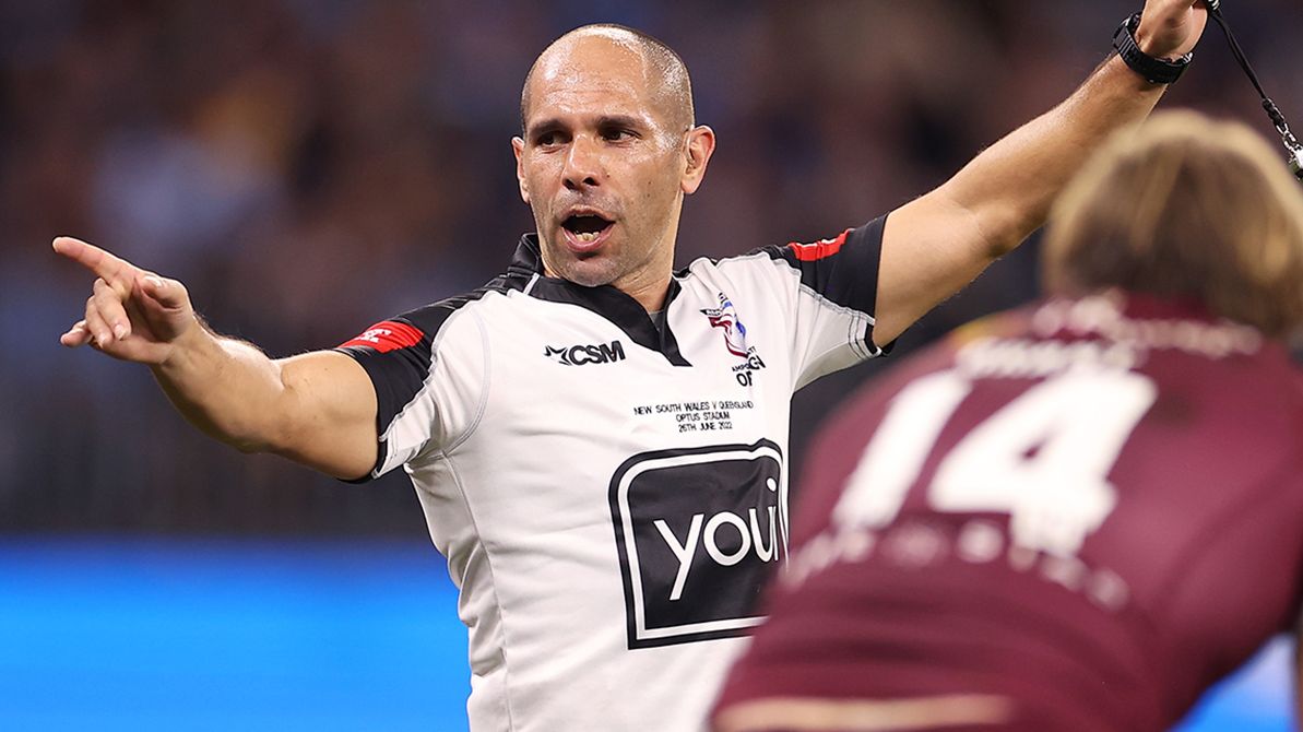 Referee Ashley Klein sends Felise Kaufusi to the sin bin during game two of the State of Origin series between New South Wales and Queensland.