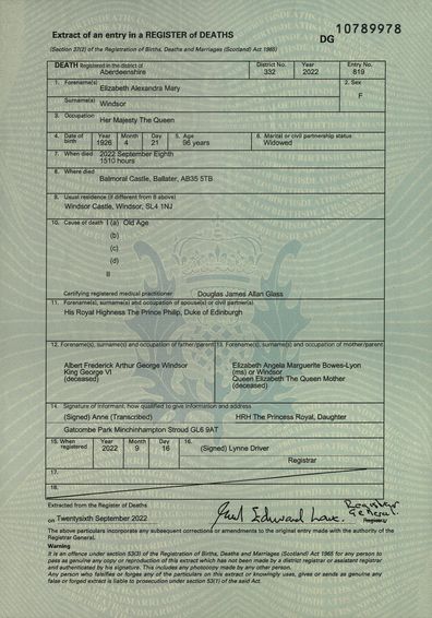 Extracts from Queen Elizabeth II's death certificate released