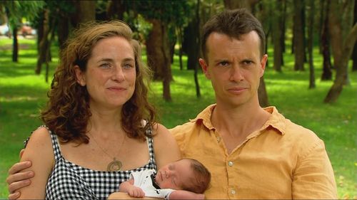 Melanie and Alex Moir, with their newborn son Ethan, who was born suddenly on January 2.