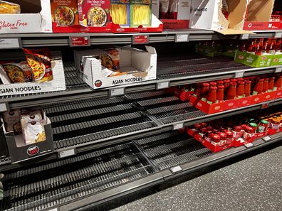 budget purchases for pasta and sardines in supermarkets that are sold out in the cost of living crisis
