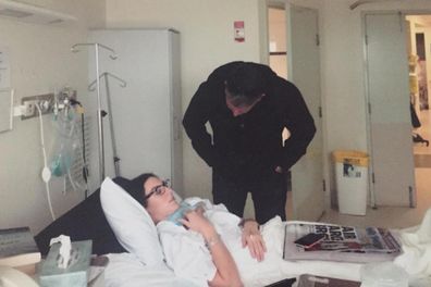 Ashleigh Mills in hospital during thyroid cancer treatment.