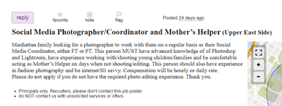 Craigslist job ad for social media photographer for family. 