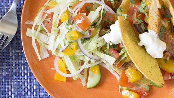 Fish tacos with Mexican salad and mango salsa