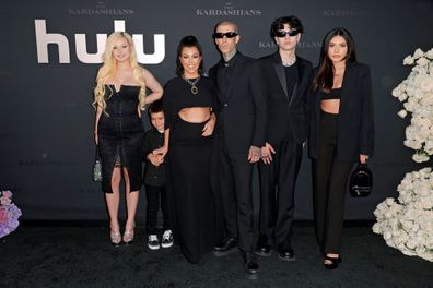 Alabama Barker, Reign Disick, Kourtney Kardashian, Travis Barker, Landon Barker and Atiana De La Hoya attend the Los Angeles premiere of Hulu's new show "The Kardashians"