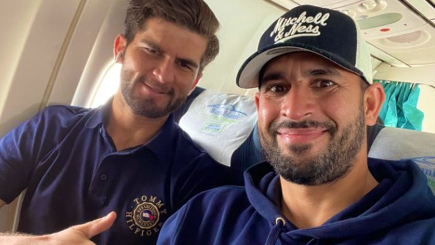 Australia&#x27;s spin consultant Fawad Ahmed with Pakistan bowler Shaheen Shah Afridi.