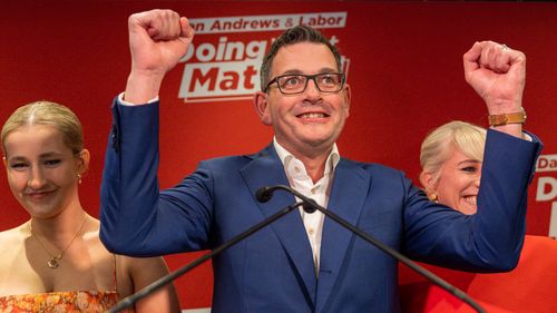 MELBOURNE, AUSTRALIA - NOVEMBER 26: Victorian Premier Daniel Andrews celebrates during his victory speech at the Labour election party in his seat of Mulgrave on November 26, 2022 in Melbourne, Australia. Victoria went to the polls on Saturday, with the incumbent Labor government of Daniel Andrews leading Matthew Guy's Liberals by a wide margin in pre-election surveys. (Photo by Asanka Ratnayake/Getty Images)