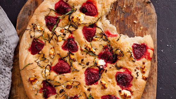Strawberry, basil and goat&#x27;s cheese foccacia recipe
