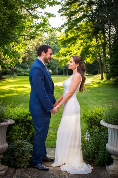 Gabriel Jagger, son of Mick Jagger and Jerry Hall, poses with his wife Anouk Winzenried, daughter of Andrea and Janine Winzenried, who were married on July 17, 2021.