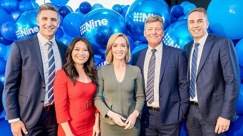 Tracy Vo (left) with 'Thommo' and members of the 9News Perth team. 