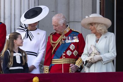 Catherine, Princess of Wales with Princess Charlotte of Wales, King Charles III and Queen Camilla during Trooping the Colour on June 15, 2024 in London, England. 