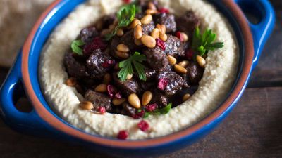 Recipe: <a href="http://kitchen.nine.com.au/2017/05/12/13/29/spiced-beef-with-hummus-and-pine-nuts" target="_top">Spiced beef with hummus and pine nuts</a>