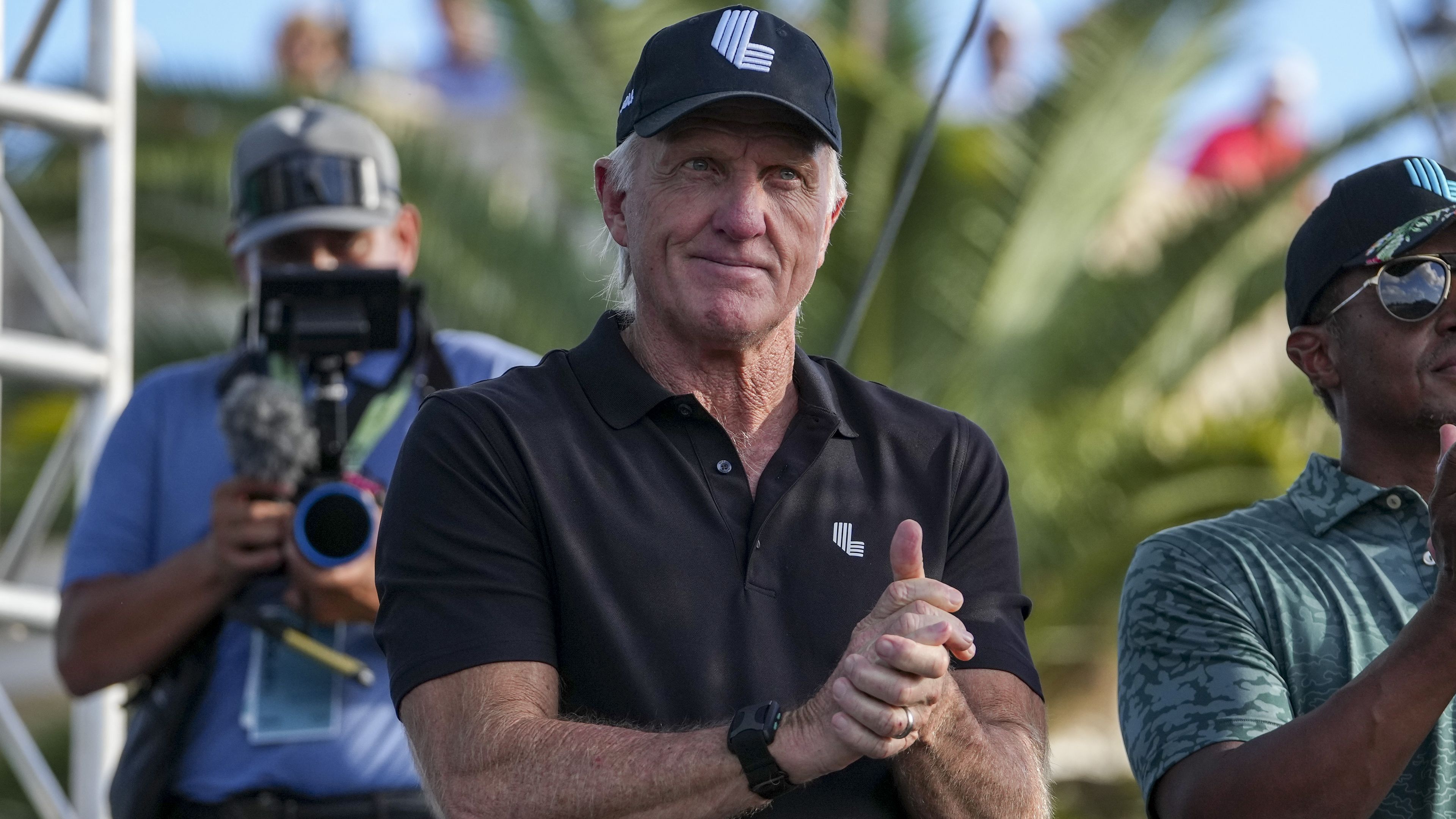 Greg Norman, CEO and commissioner of LIV Golf, being introduced to the crowd during the team championship stroke-play round of the LIV Golf Invitational.