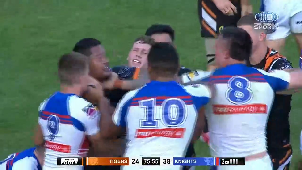Late hit on Kalyn Ponga almost sparks wild brawl in Tigers' loss to Knights