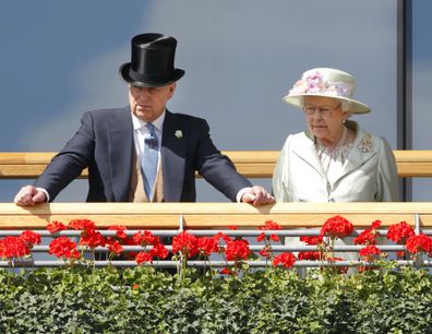 Prince Andrew, Duke of York & Queen Elizabeth II watch the horses in the parade ring as they attend Day 2 of Royal Ascot at Ascot Racecourse on June 18, 2014