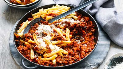 Recipe: <a href="http://kitchen.nine.com.au/2016/06/06/21/47/vegetarian-favourites-for-meatfreemonday" target="_top">Mushroom and lentil Bolognese with spaghetti</a>