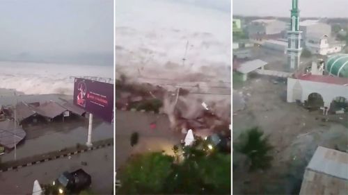 Indonesian TV showed a smartphone video of a powerful wave hitting Palu.