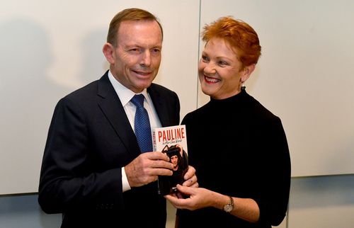 One Nation leader Senator Pauline Hanson and former prime minister Tony Abbott at the launch of her book "Pauline, In Her Own Words". (AAP)